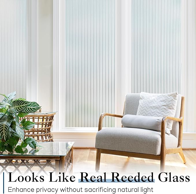 Haton Reeded Glass Window Privacy Film, Frosted Glass Window Film, Static Cling UV Blocking Stickers, Decorative Removable Cover for Bathroom Door Office, Non Adhesive 17.5" x 78.7"
