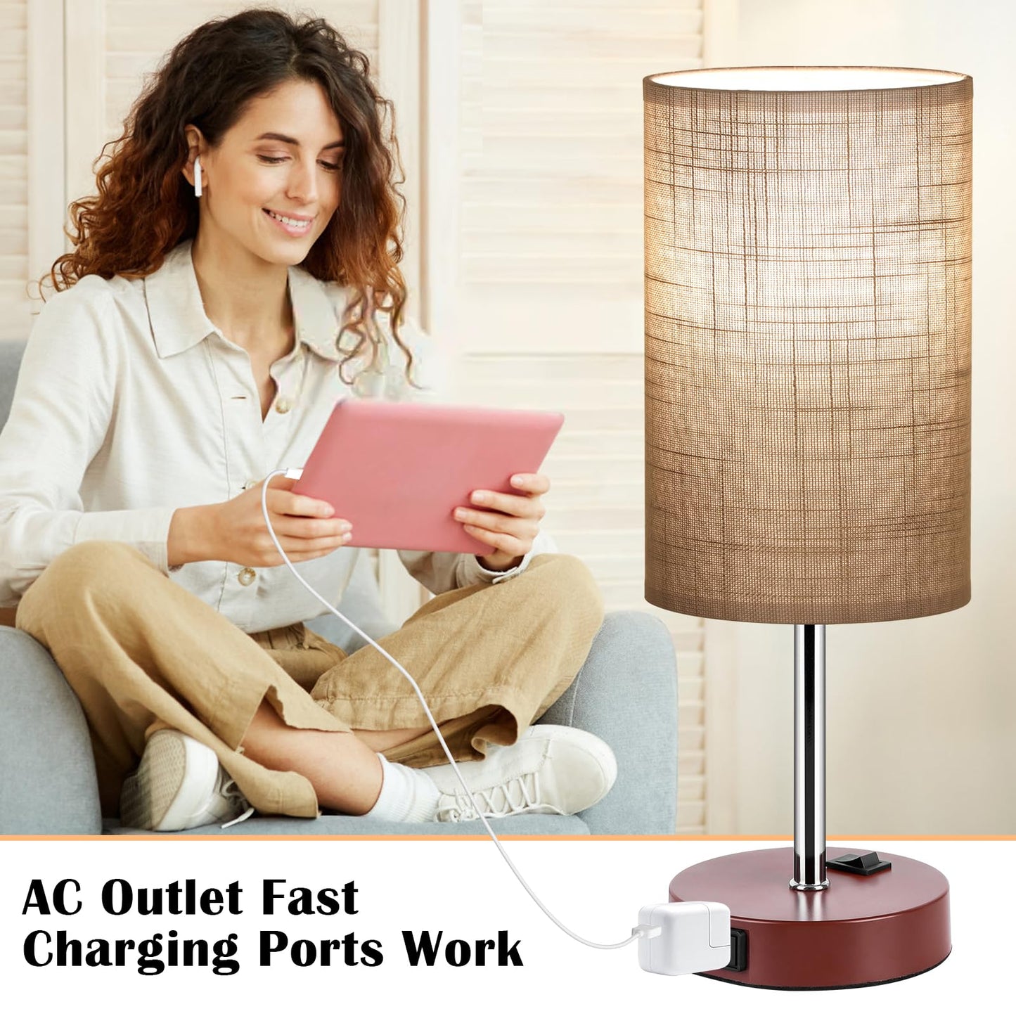 ZJOJO Table Lamp Set of 2, 3-Way Dimmable, Metal, Brown, Simple Round Model, with AC Outlets for Bedroom and Living Room