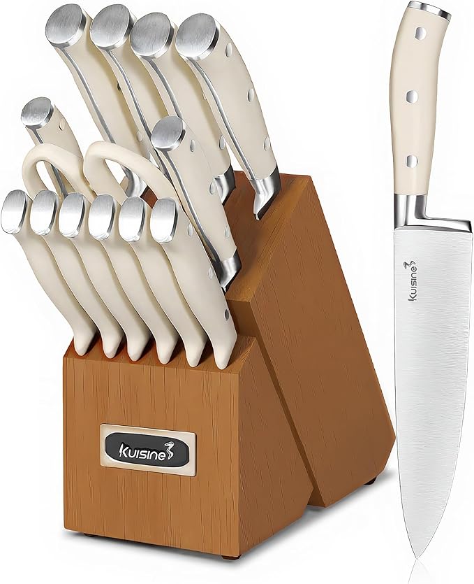 Kuisine Upgraded Kitchen Chef Knife Set,High Carbon Stainless Steel Ultra Sharp Blade Ergonomic Handle,Knife Block Set with Built-in Sharpener,Elegant Gift for Holiday(Acacia Ivory,15PCS)