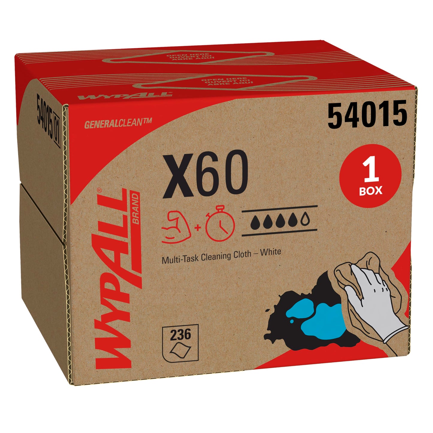 WypAll GeneralClean X60 Cloths Multi-Task Cleaning Wipes (54015), Brag Box, Strong and Absorbent Towels, White (1 Pack of 236 Sheets, 236 Sheet Total)