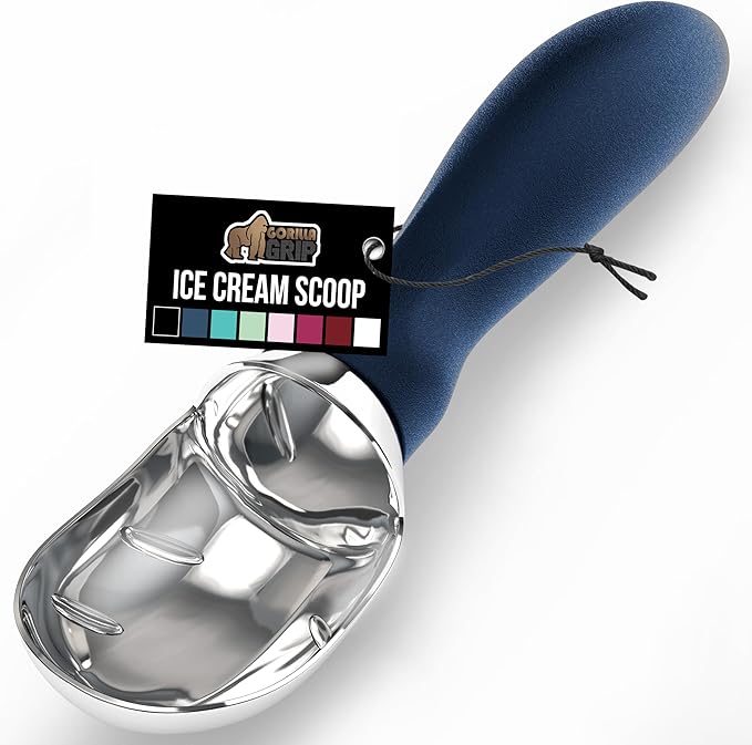 GORILLA GRIP BPA-Free Heavy Duty Ice Cream Scoop, Comfortable Ergonomic Handle, Professional Grade Scooper for Perfect Round Scoops, Spoon Frozen Hard Gelato, Sorbet, Cookie Dough, Kitchen Tool, Blue
