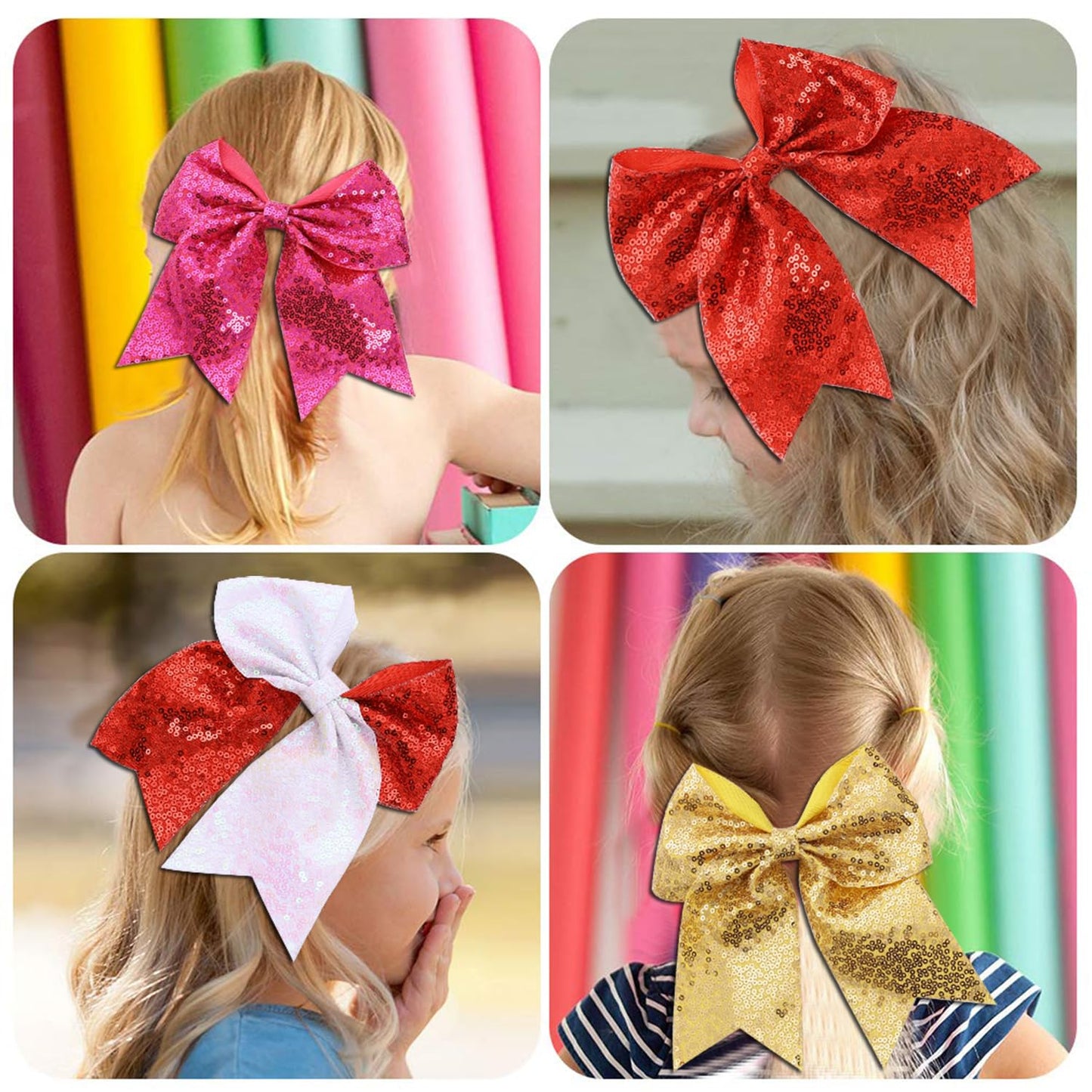 16 PCS Large Glitter Hot Pink Cheer Hair Bows, Shiny Cheerleading Bows Ponytail Holder for Cheerleader Girls Softball Sports and