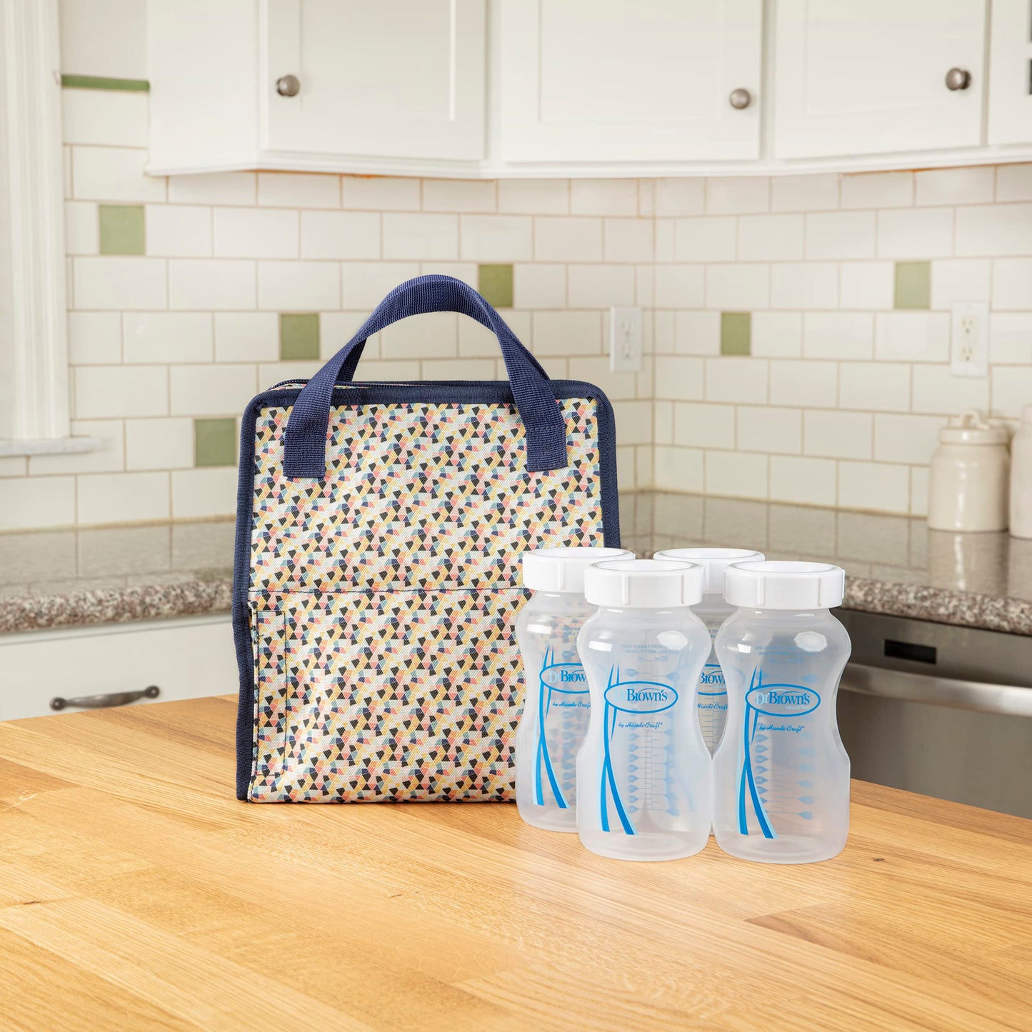Dr. Brown's Fold & Freeze Bottle Tote, Travel Baby Bottle Insulated Cooler Bag, Store Up to 6 Baby Bottles, Geometric Multicolor, BPA Free