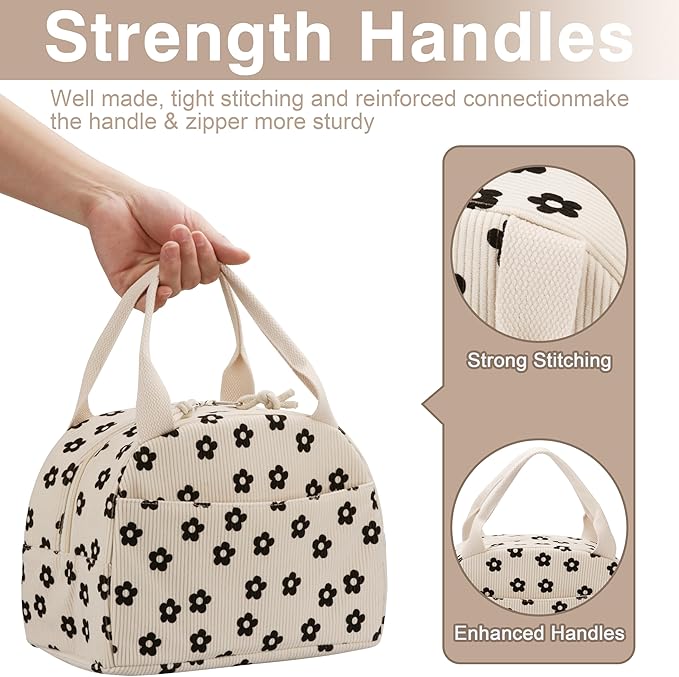 Lunch Bag - Insulated Lunch Box for Women, Reusable Large Capacity Cooler Bag for Adult, Small Leakproof Cute Corduroy Lunch Tote for Work Office Travel Picnic (Corduroy Black-Flower)