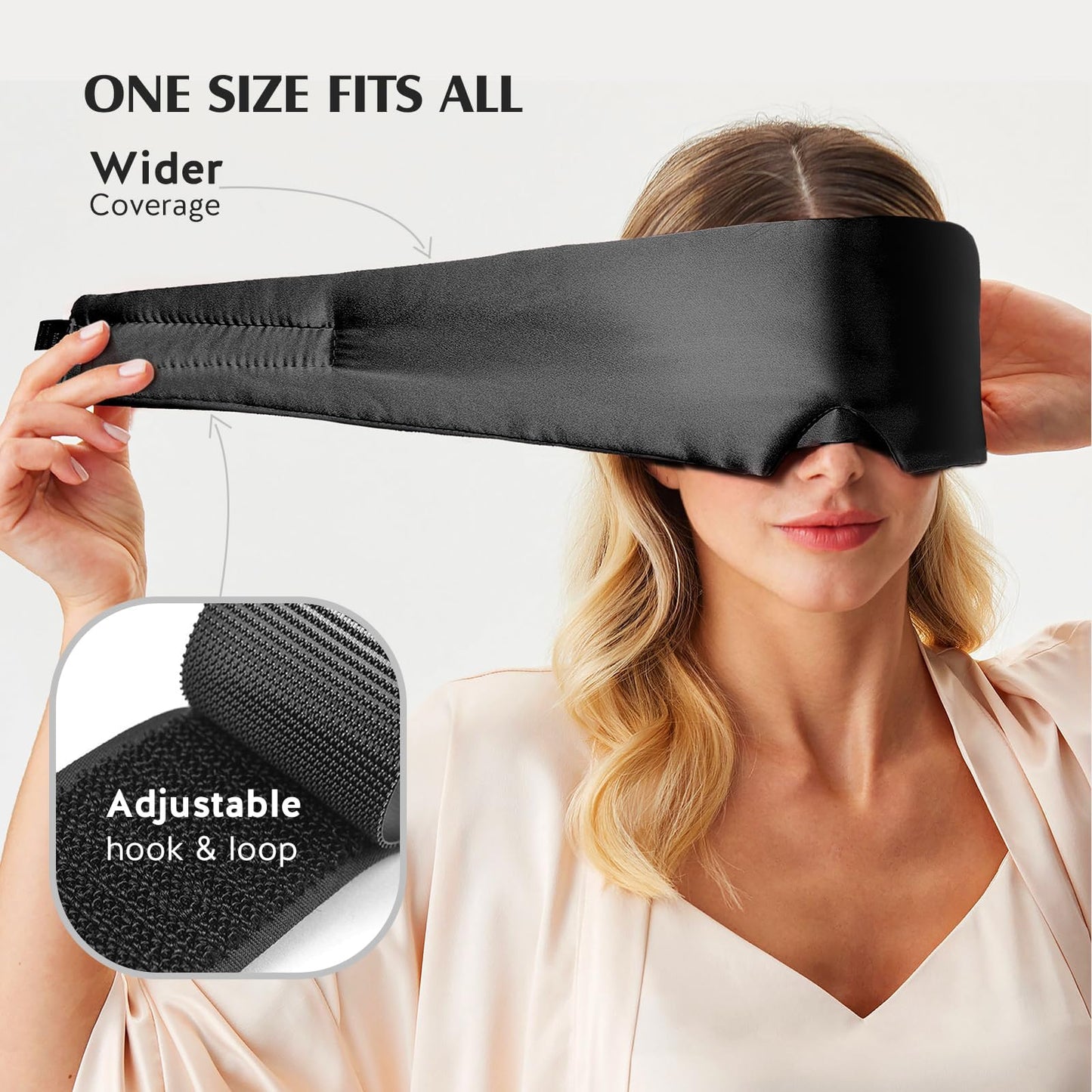 YFONG 100% Mulberry Silk Sleep Mask, Total Blackout Eye Mask for Women & Men, 22 Momme 6A Grade Silk with Adjustable Band Designed for Side Sleeper Black