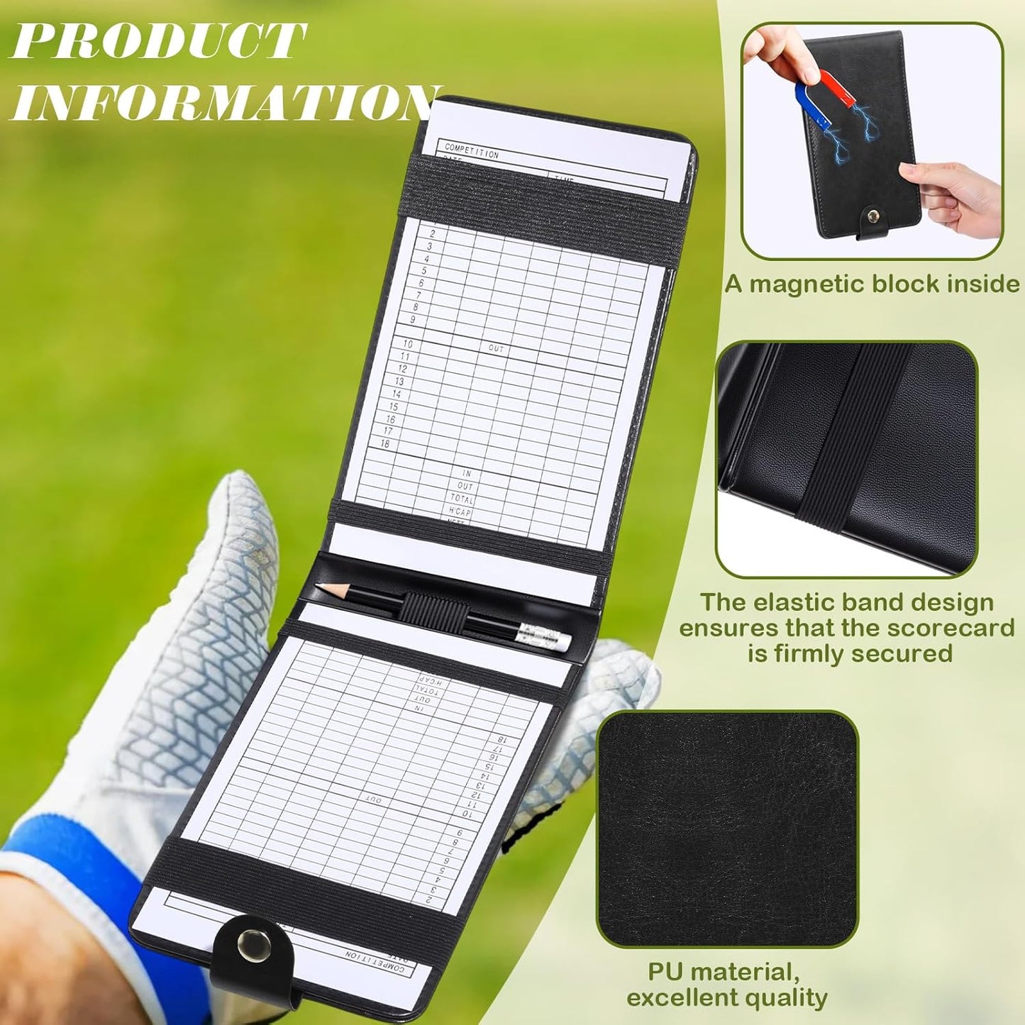 Yexiya 7 Pcs Magnetic Leather Golf Scorecard Holder with 4 Scorecard Books 1 Pencil 1 Golf Reference Distance Card Yardage Book Gift for Men Golfers Sports Outdoor Club Accessories