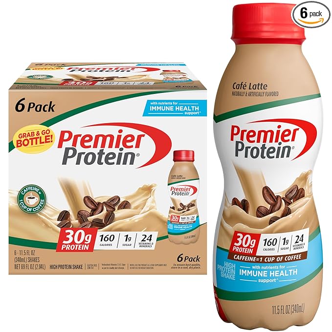 Premier Protein Shake, Café Latte, 30g Protein 1g Sugar 24 Vitamins Minerals Nutrients to Support Immune Health, 11.5 fl oz (Pack of 6)