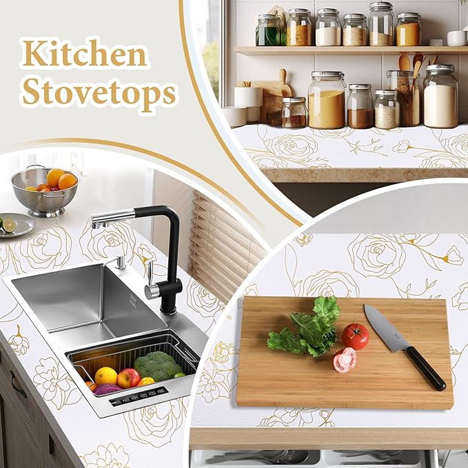 Shelf Liners for Kitchen Cabinets 17.5in x 20FT Non Adhesive Drawer Liner Gold Floral Thickened Shelf Liner Paper Strong Non-Slip Easy to Clean for Tool Box Refrigerator with Knife and Tape Measure