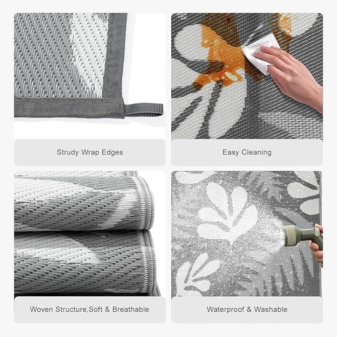 wikiwiki Outdoor Rug, 9x18ft Waterproof Reversible Mat Indoor Outdoor Rugs Carpet, Small Area Rug Plastic Straw Rug for Patio Deck Balcony Pool RV Camping Beach Picnic, Grey Leaves, Rugscape Series