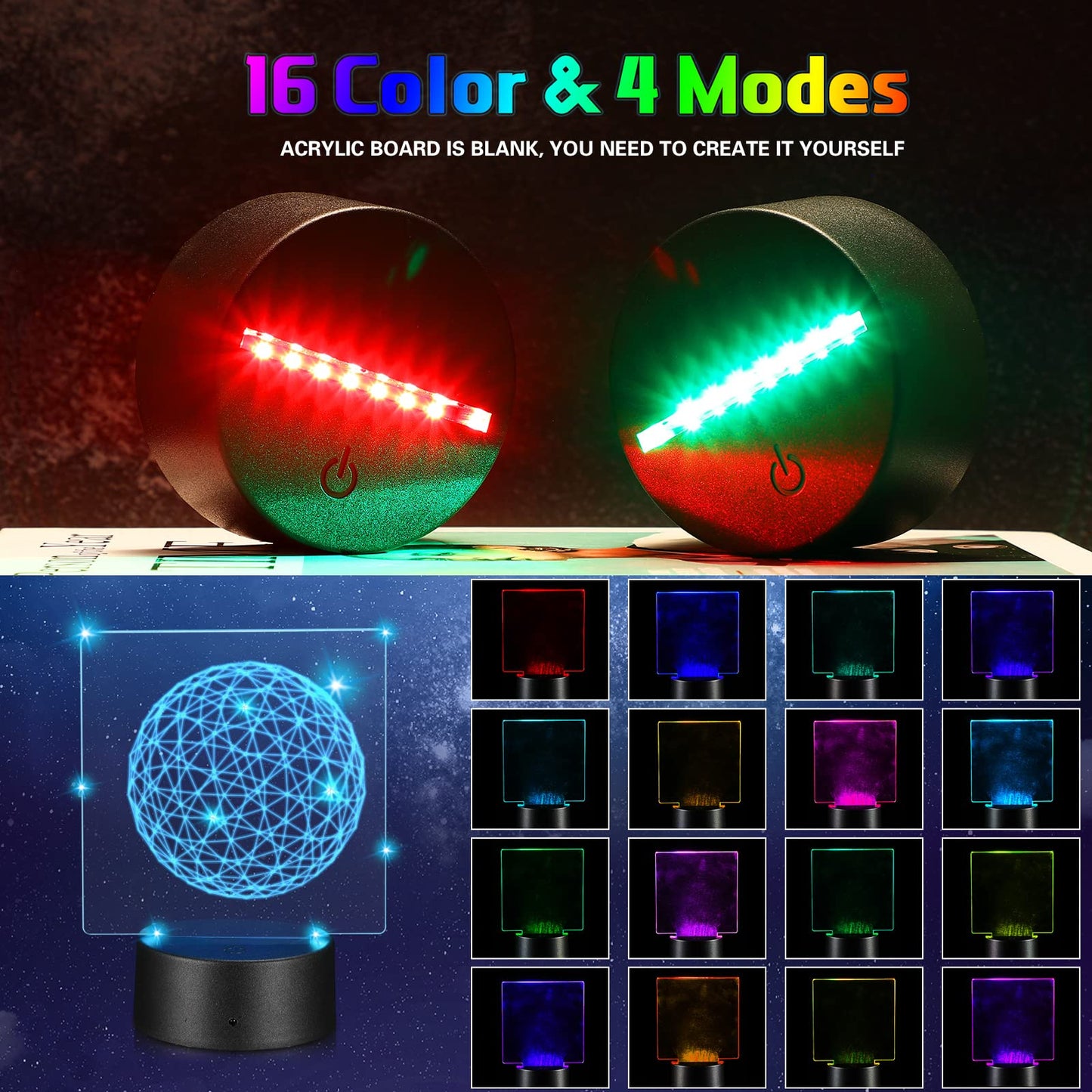 Riakrum LED Light Base Set with Remote Control, 16 Colors, 4 Modes, Hexagon Acrylic Sheet, Clear/Black