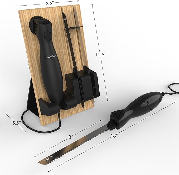 Electric Carving Knife Set with 2 Stainless Steel Blades, Comfort Grip Handle and Wood Storage Block For Slicing Bread, Meat, Etc By Classic Cuisine, Silver