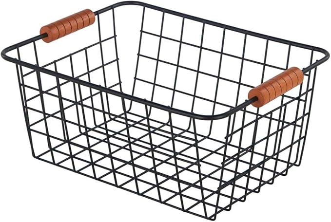 Wire Kitchen Storage Basket 2 Packs,Perfect Pantry Organization Accessories Baskets,Laundry Basket,With a Wooden handle,Suitable for Kitchen,Bathroom,Bedroom,Tabletop,Stackable,Black
