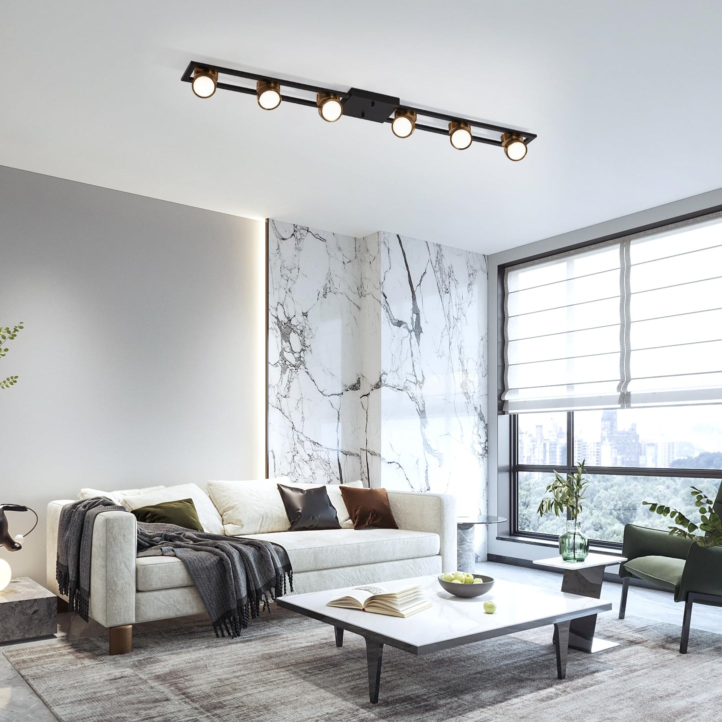 Garwarm Modern Ceiling Light, Dimmable LED Chandelier, 6-Light, 48.4 Inch, Black, Model TT-JD1605-6B-N