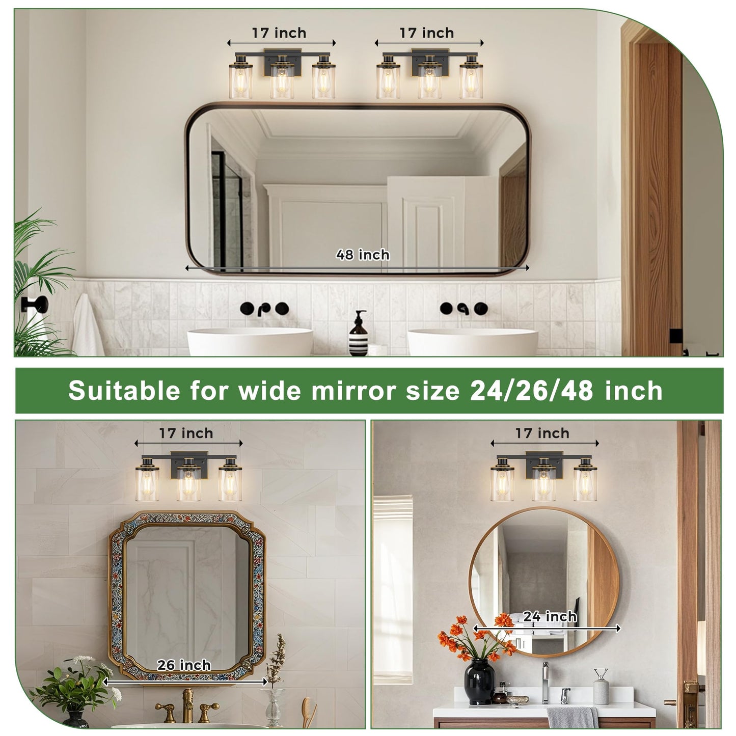Doresshop 17 Inch Bathroom Light Fixtures  3-Light Black With Gold Trim Bathroom Lighting Fixtures Over Mirror With Clear Glass Shade  Vanity Lights For Living Room Bedroom