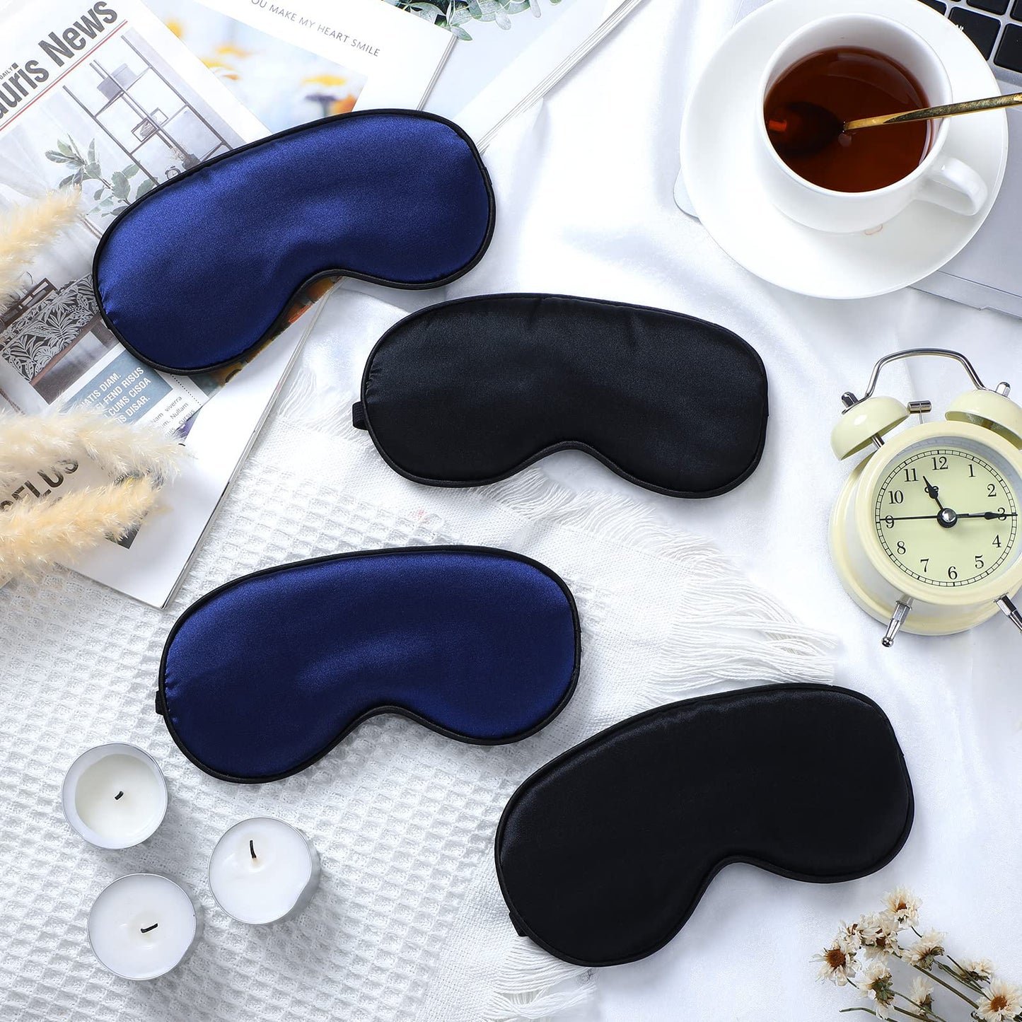 Sintege 4 Pcs Silk Eye Mask for Sleeping Kids Soft Eye Cover with Adjustable Strap Blindfold for Kids Boys Girls Christmas Travel Gift Nap Shade Blocking Light(Black, Navy Blue)
