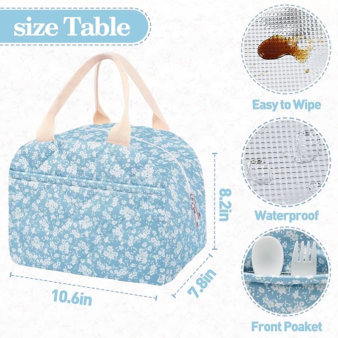 Cotton Quilted Insulated Lunch Bag, Cute Quilted Floral Lunch Tote Bags Reusable Insulated Lunch Box Coquette Aesthetic Large Capacity Insulated Cooler for Women Work Travel Picnic (Light Blue)