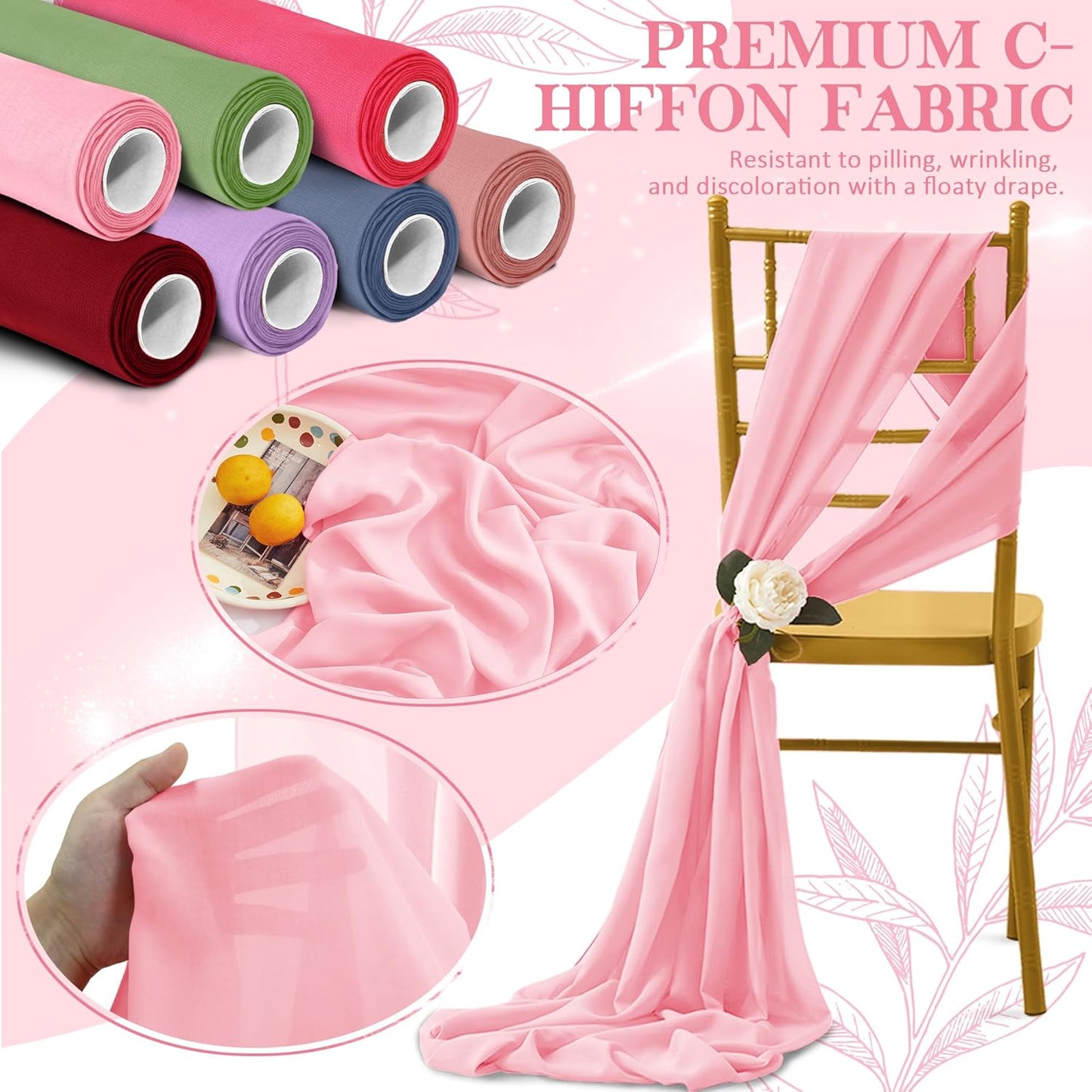 Horbaunal Light Pink Chiffon Fabric by The Yard, 5 Yard Continuous Sheer Fabric 59" Wide Soft Draping Fabric for Wedding Arch Draping Party Backdrop DIY Sewing