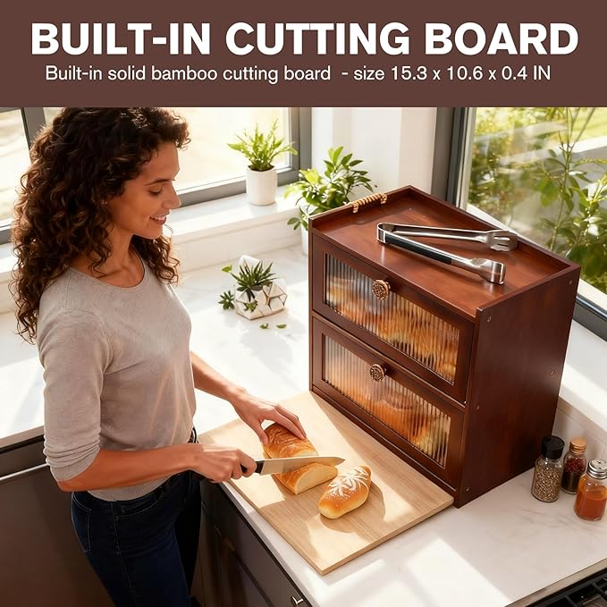 Bread Box, Extra Large 100% Bamboo Wood Bread Box for Kitchen Counter, Vintage Double Layer Bread Storage Container Bin with Cutting Board, with 11" Stainless Steel Kitchen Tongs