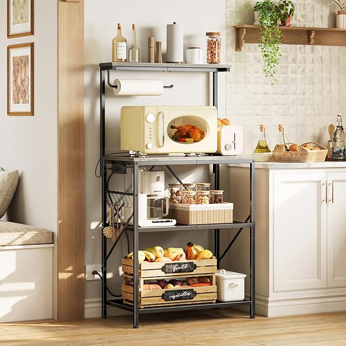 Huuger 4-Tier Bakers Rack with Reversible Power Outlet, 23.6 Inch Microwave Stand, Kitchen Bar, with Top Shelf, 6 S Hooks, Greige