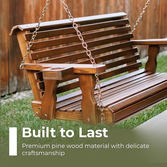Amish Casual 3 Foot Roll Back Porch Swing with Cup Holders in Oak Stain - Amish Made in The USA from Treated Pine Heavy Duty 700 Lb. Weight Capacity