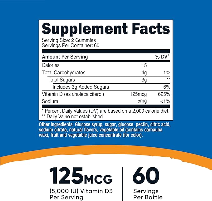 Nutricost Vitamin D3 Gummies 5,000 IU (125mcg), 120 Gummies - Mixed Berry Flavored, 60 Servings