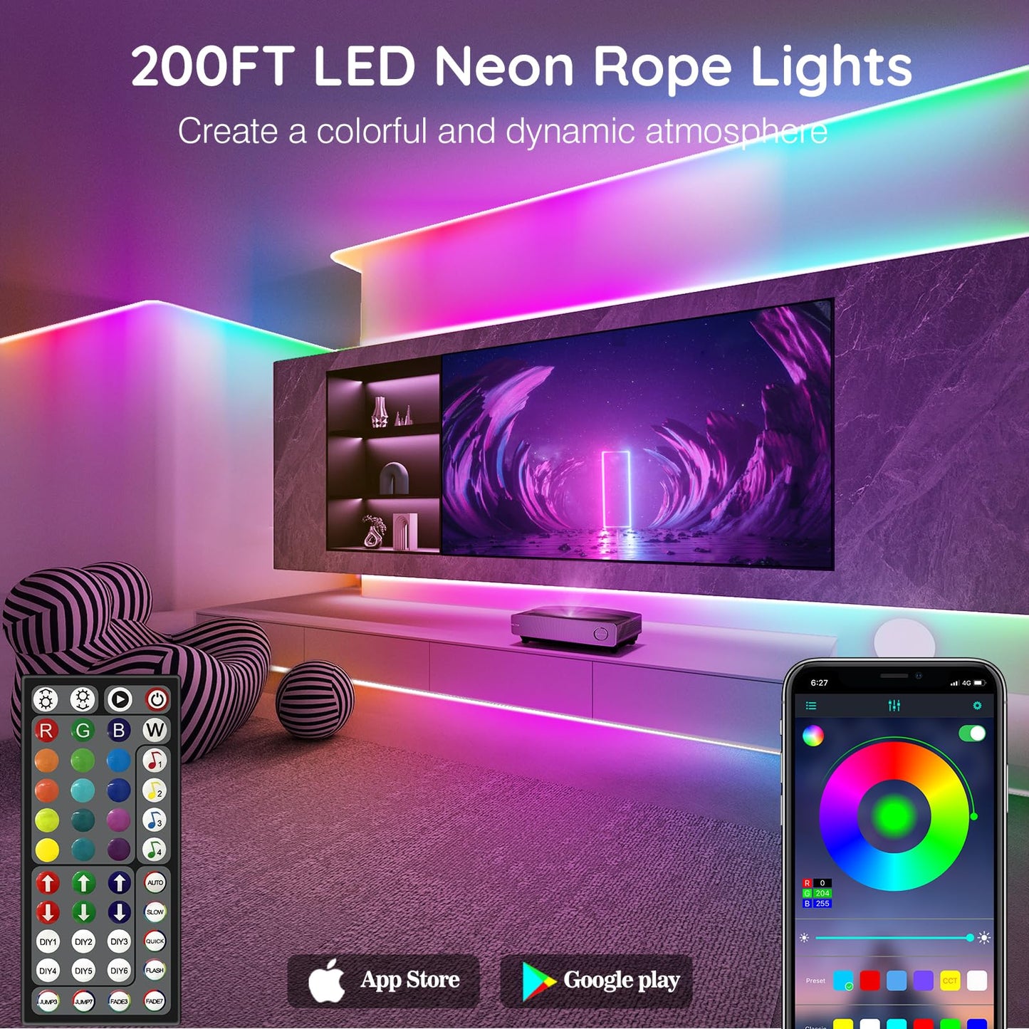 SINLEY Led Neon Rope Lights, 200FT RGB Waterproof, Flexible, App/Remote Control, Music Sync, Indoor/Outdoor Use