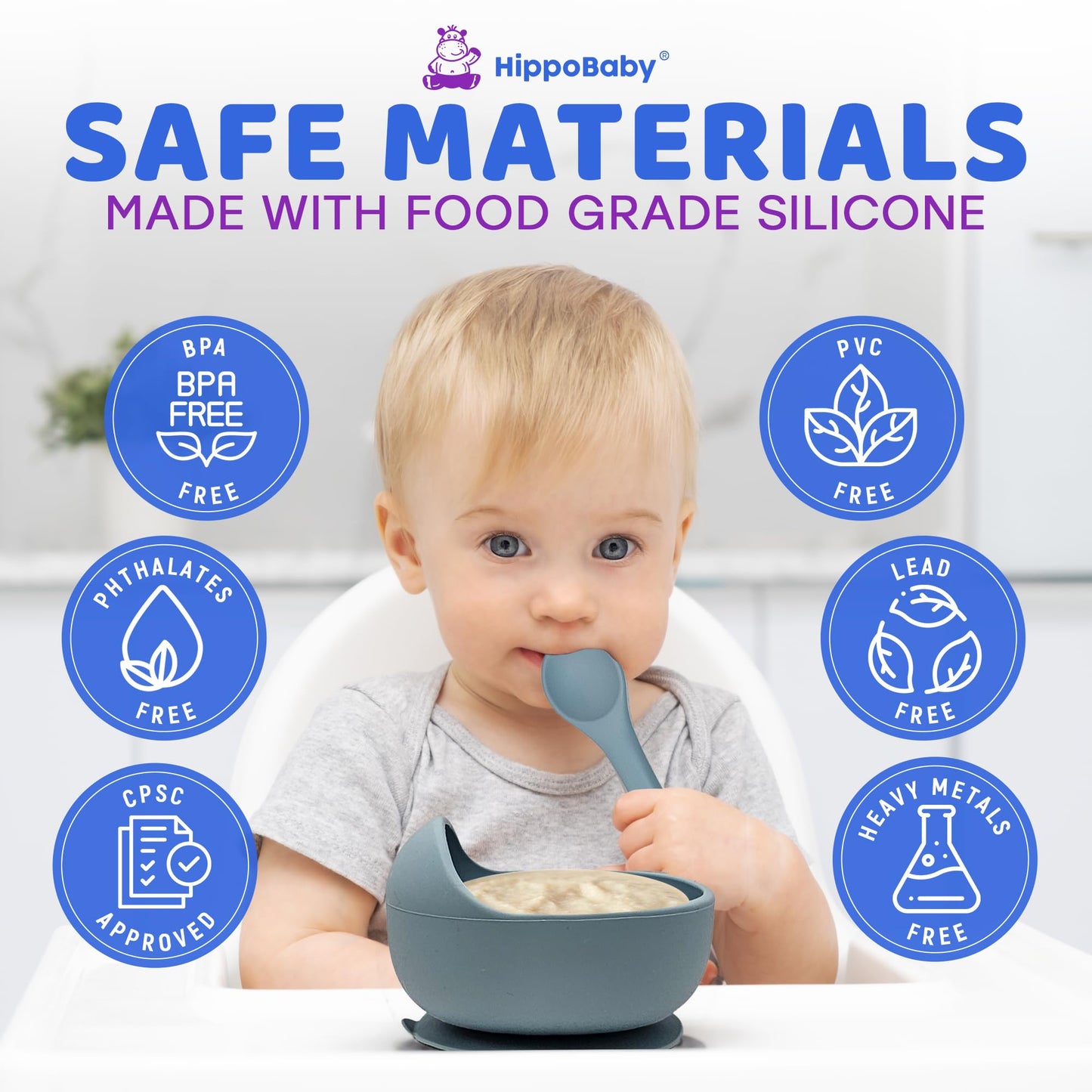 HippoBaby Baby Led Weaning Supplies | 10 Piece Silicone Baby Feeding Set | Baby Toddler Bib Cup Divided Plate and Bowl Self Feeding Spoons Dish Set | Baby Utensils | Toddler Feeding Supplies (Sky)