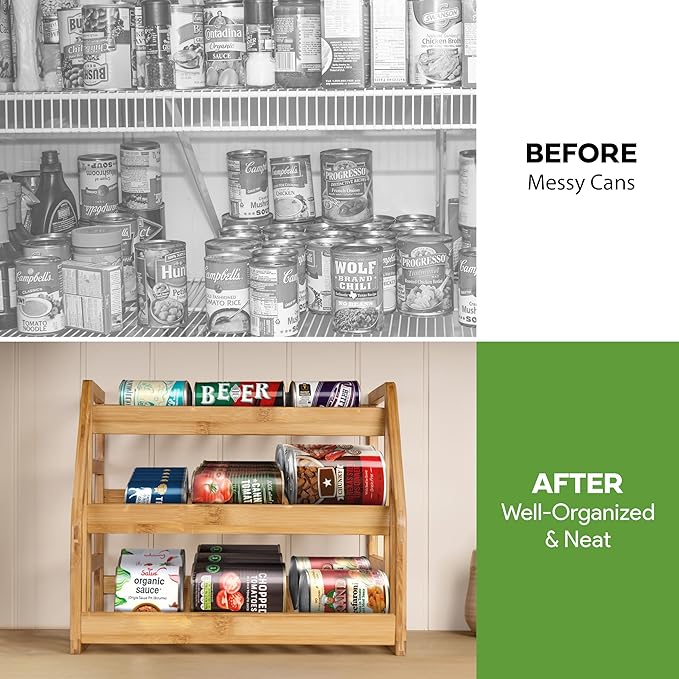 HOMESTEAD 3-Tier Bamboo Pantry Can Organizers - 36 Cans Dispenser Rack, Flexible Dividers, Canned Goods Organizer For Pantry Shelves & Kitchen Storage Organization