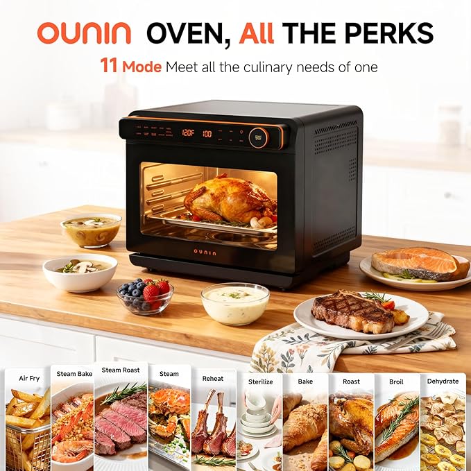 OUNIN 24L Steam and Air Fryer Combo Countertop Oven,11-in-1 Convection Baking and Steam,Bake,Broil,Dehydrate,304 Stainless Steel,Fast Cooking with Precise Electronic Temperature Control,for Gifting