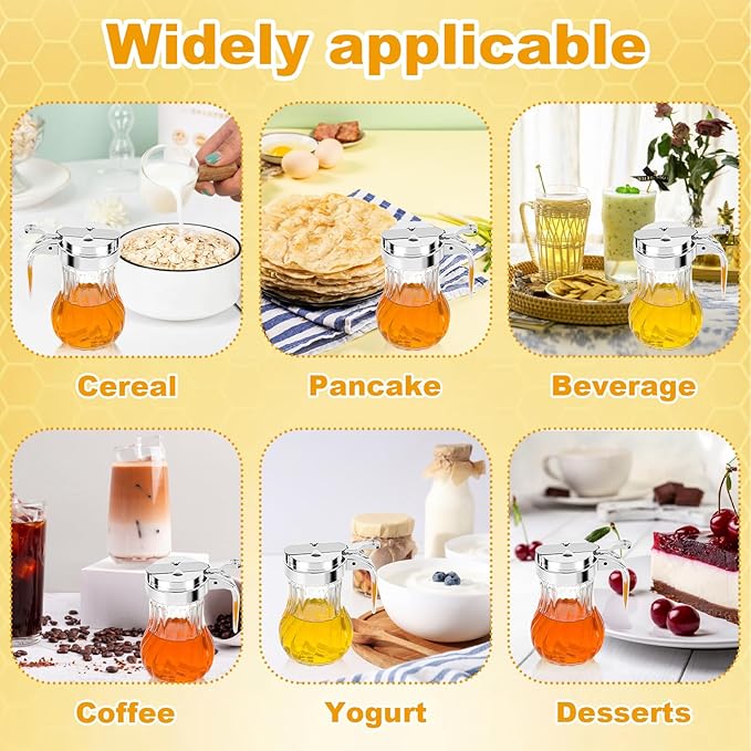 4Pcs 8oz Syrup Dispenser Honey Pot Glass Honey Dispenser Jar, Maple Syrup Dispenser, Honey Container, Commercial Quality With Handle Honey Dispenser for Home Kitchen Storage (4, Twill weave 4 Pack)