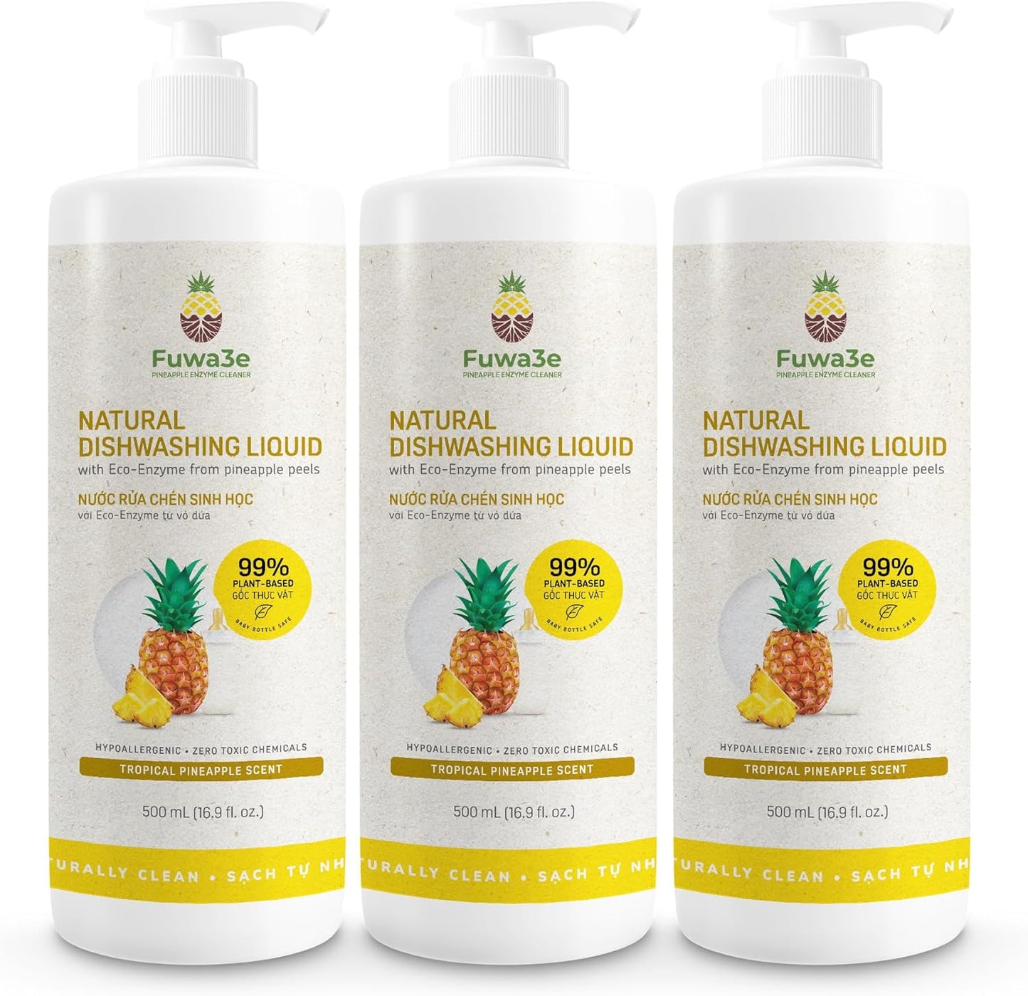 Fuwa3e Pineapple Enzyme Natural Dish Soap Tropical Pineapple Scent - 16.9oz 3 Pack - 99% Plant Based Dish Liquid - Hypoallergenic Dish Soap from Discarded Pineapple Peels