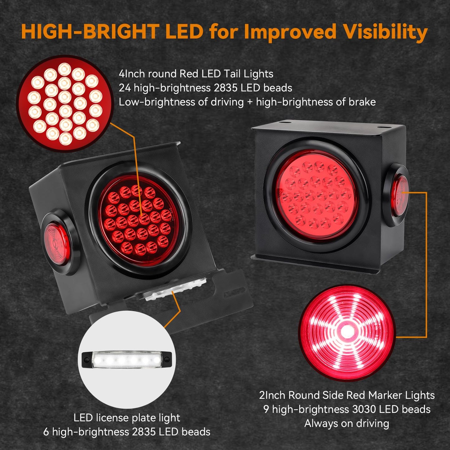 Rvzone 12V Square Led Trailer Light Steel Boxes Housing Kit  2Pcs Ip67 Red Waterproof Stop Brake Turn Lights With 4In Round Tail Lights 2 In Round Side Marker Light 6Led License Plate Lighting