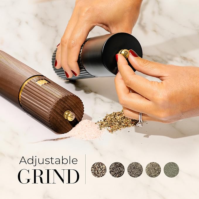 Wooden Salt and Pepper Grinder Set – Refillable Manual Salt and Pepper Mills with Adjustable Ceramic Burrs, Gold Detailing, and Acacia Wood Stand – Ideal Kitchen Gift