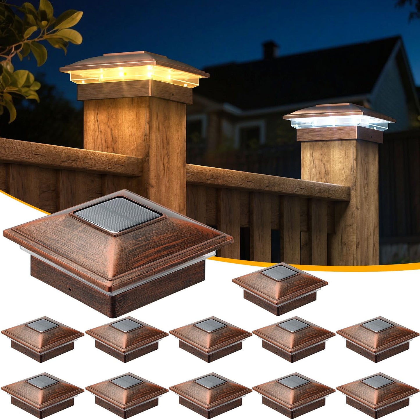 APONUO Solar Post Lights, 12 Pack, Warm/Cool Light, Waterproof, 4x4/5x5/5.5x5.5 Compatible, Brushed Copper, Model