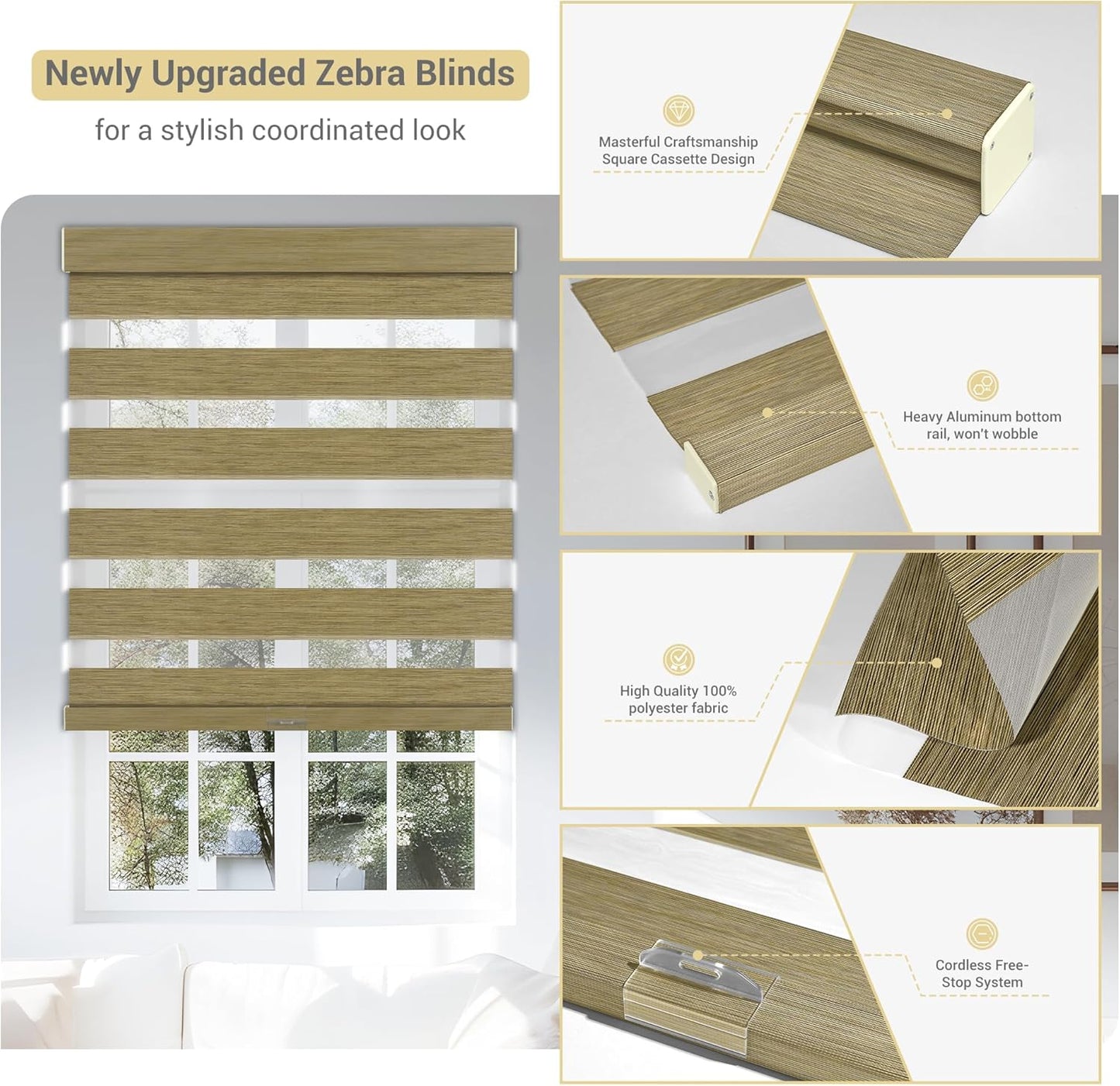 Cordless Zebra Blinds for Windows, Blackout Interior Blinds,Easy to Install,UV Protection,for Offices and Home,Custom Roller Shades, Mousse Light Bown,20" W x 48" H