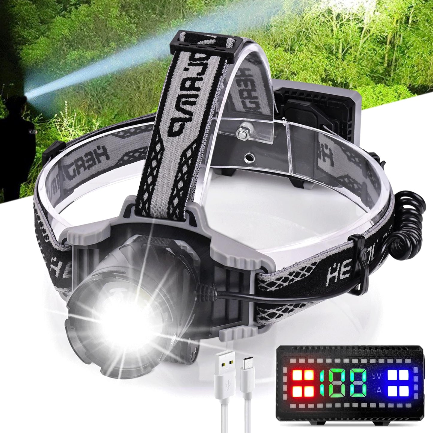Aikertec Rechargeable LED Headlamp 100000 Lumens IPX6 Waterproof XHP99 with 4 Modes and Zoomable Function