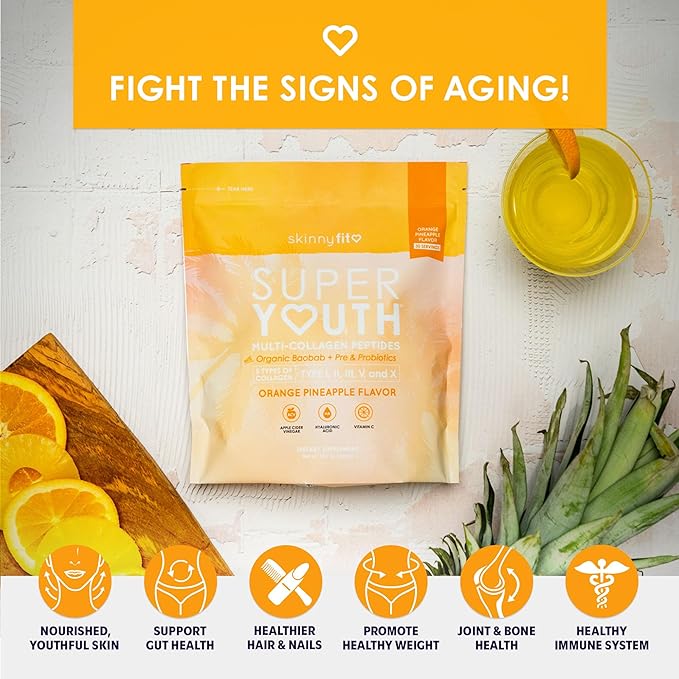 SkinnyFit - Super Youth, Orange Pineapple (28 Servings) - Multi Collagen Peptides Powder - Probiotics, Fiber, Hyaluronic Acid - Collagen for Women - Non GMO, Gluten Free, Sugar Free - Self Care