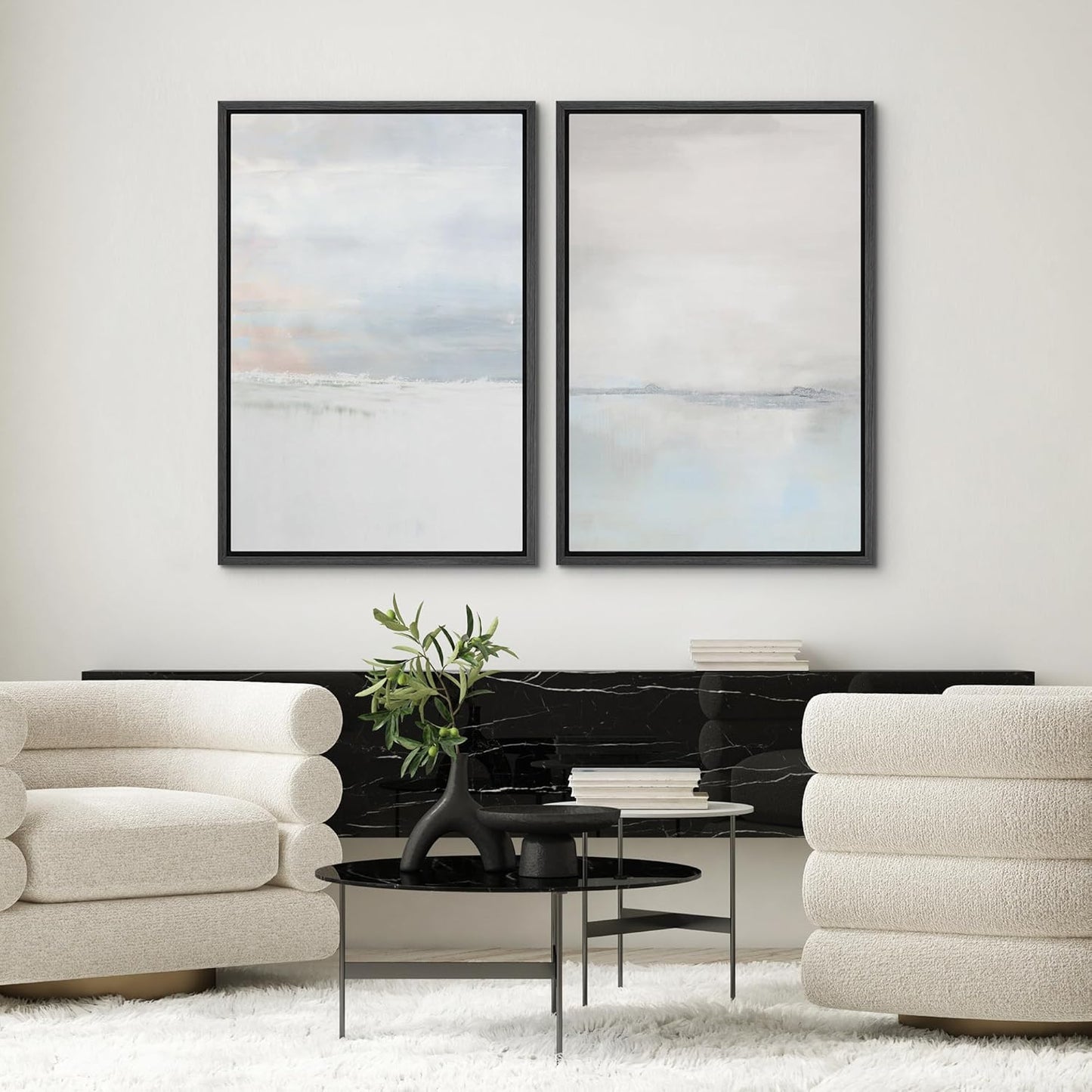 SIGNWIN Framed Canvas Print Wall Art Set Pastel Gray Watercolor Landscape Abstract Shapes Illustrations Minimal Decorative Boho Nordic Relax/Zen for Living Room, Bedroom, Office - 24"x36"x2 Black