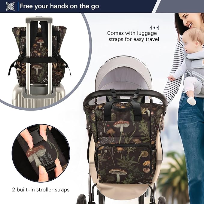 Diaper Bag Backpack Retro Mushroom Forest Travel Diaper Bags for Women, 10L Functional Baby Changing Bag with Insulted Pockets, Stroller Straps