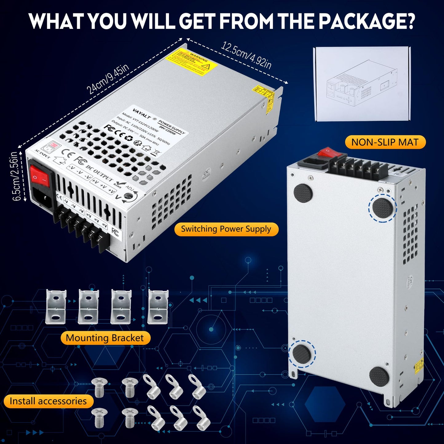 VAYALT 24V 50A 1200W DC Switching Power Supply, Universal Regulated Switching AC 110V/220V to DC 24V Transformer, Power Supply for Industrial, CCTV, Computer Project, LED Strip Light (No Power Cord)