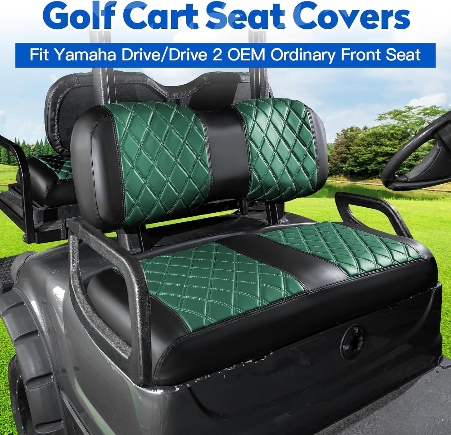 NOKINS 4PCS Golf Cart Seat Covers Kit, Front and Rear Seat Covers Fits YAMAHA/G29/Drive2 Standard Seat Cushion, Yamaha Vinyl Diamond Replacement Seat Covers, No Stapler (Dark Green&Black)