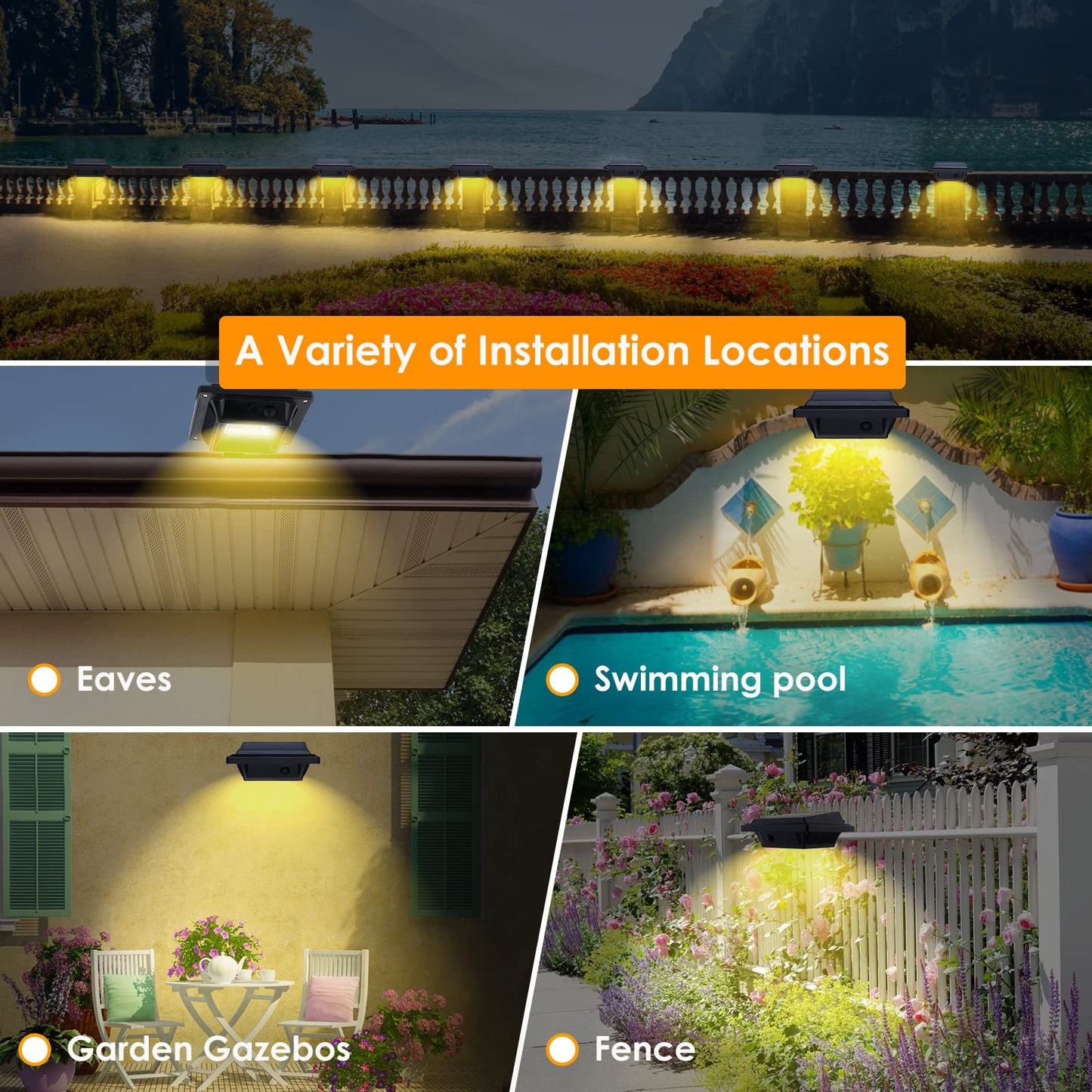 Uniquefire 40 Leds Outdoor Solar Gutter Lights, Waterproof Security Lamps, 4Pcs Black Warm Light, Ideal For Garden And Landscape