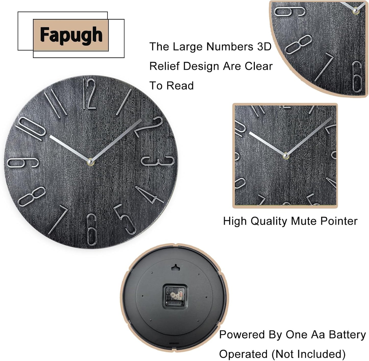 Wall Clock, Silent Clock, Wall Clocks Battery Operated， 12 inch Modern Wall Clock, Suitable for Offices, Living Rooms, Kitchens, Homes, Schools (Gray Without Second Hand)