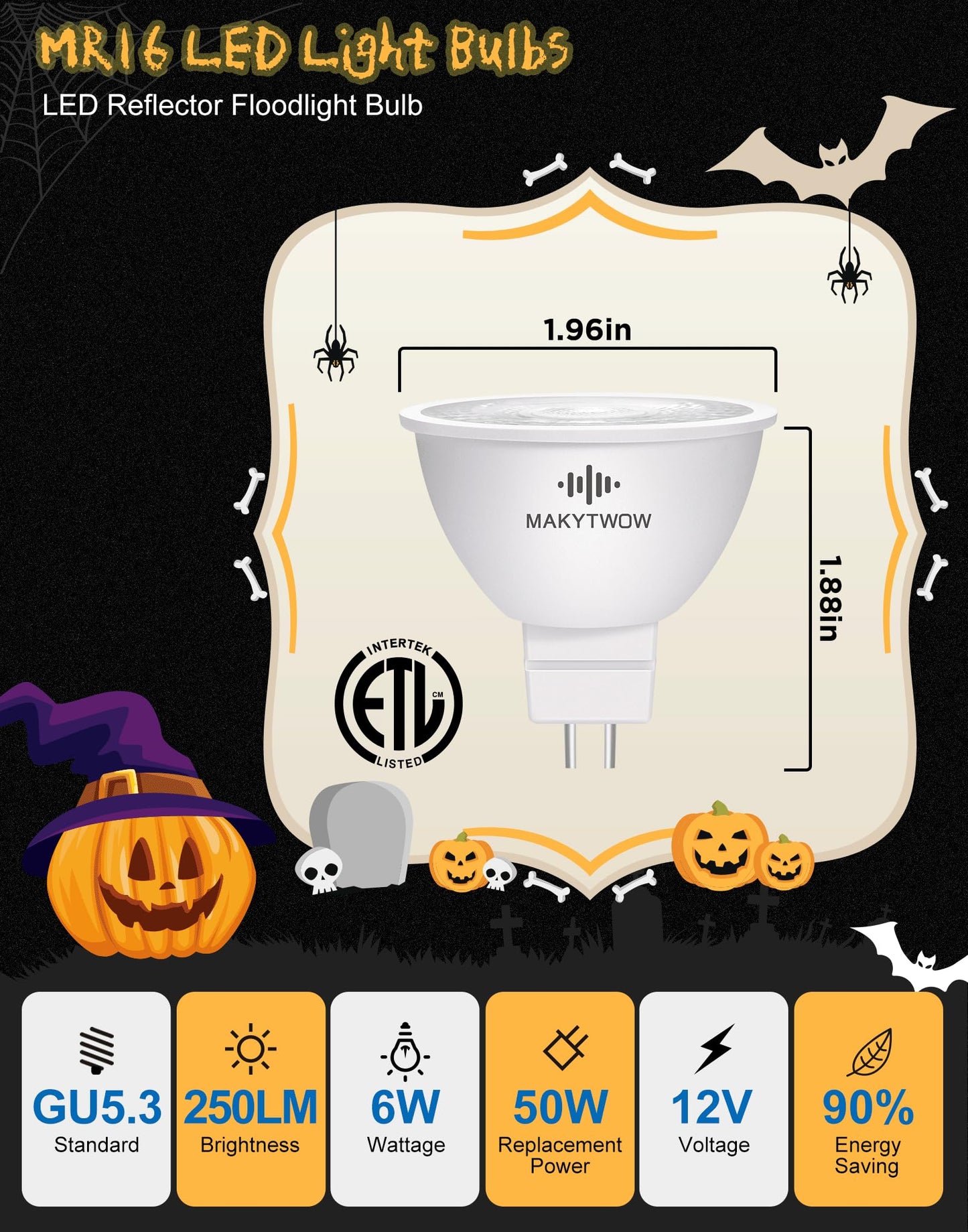 Makytwow Orange Mr16 Gu5.3 Led Bulbs  Bi-Pin Base Led Spotlights 12V Led Bulbs For Christmas Holiday Decoration Outdoor Landscape Lighting  6Pack