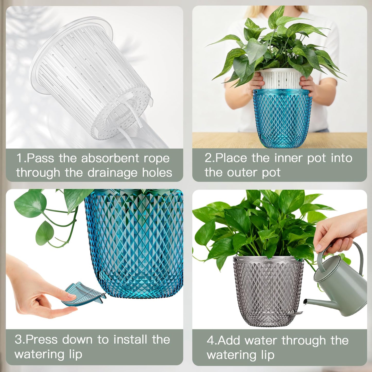 QCQHDU 2 Pack Self Watering Pots, 7.2 Inch Flower Pots with Drainage Holes and Water Filling Port, Plastic Garden Planter for Indoor Outdoor Plants (Clear)
