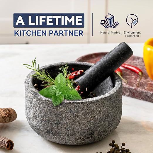 Koville Granite Mortar and Pestle Set, 6.3"-2 Cups Unpolishesd Stone Grinder Bowl for Guacamole, Salsa, Pill Crusher, Spice, Herb, Garlic, Nut, Heavy Duty Grinder for Kitchen(Angola Silver Black)