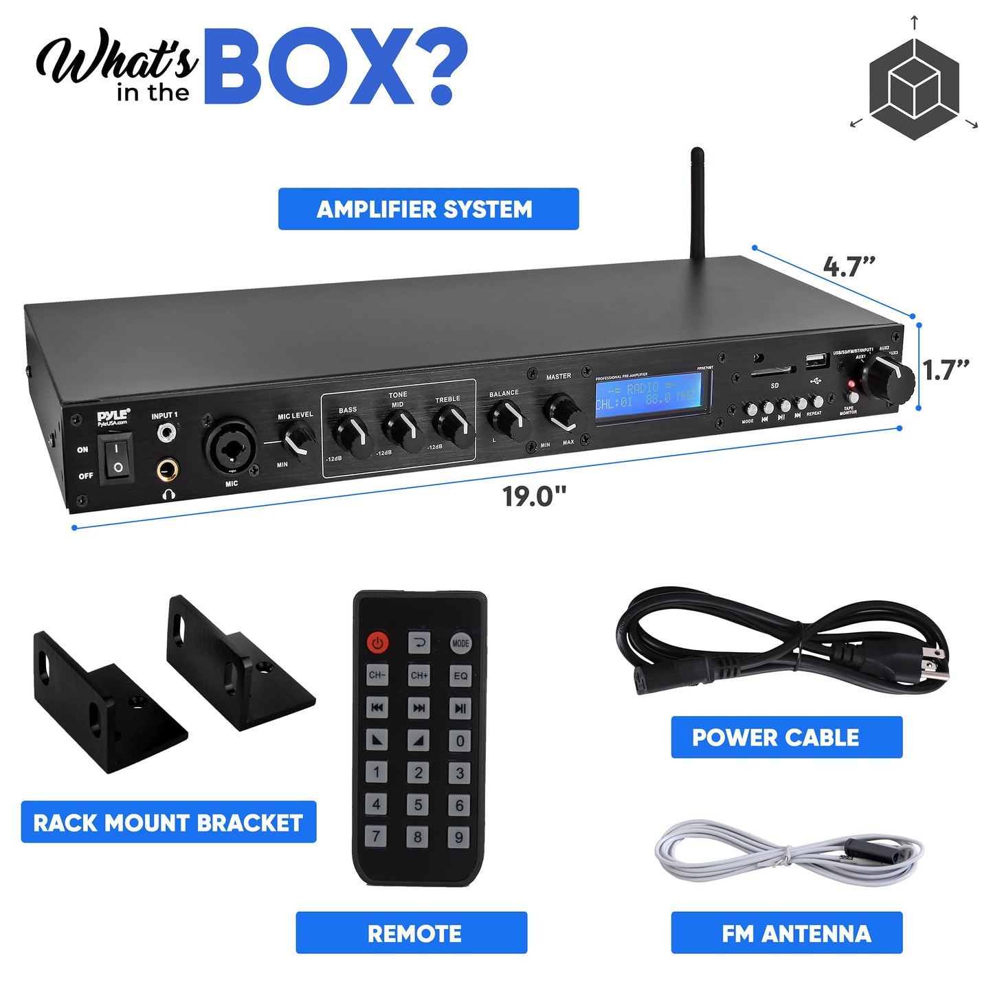Pyle Rack Mount Studio Pre-Amplifier PPRE70BT - Bluetooth, FM Radio, Remote Control, Black