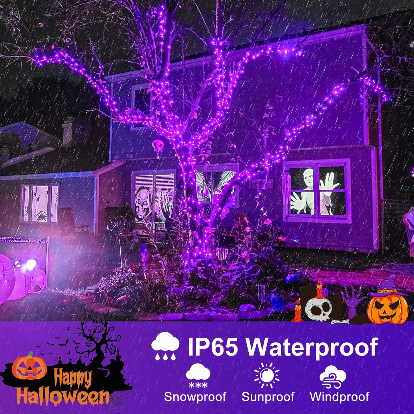 Nielfoi Halloween Lights, 200 LED Purple String Lights, 66FT, Waterproof, 8 Modes, Indoor/Outdoor, Green Wire, Model BG-CL3M3-306L01