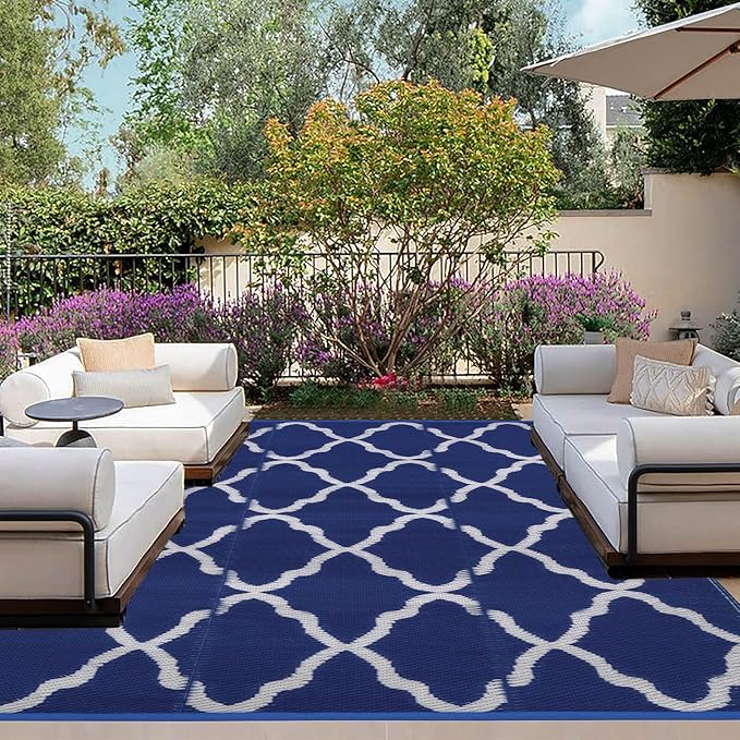 OutdoorLines Outdoor Plastic Area Rugs for Patio 9x12 ft - Reversible Outside Carpet, Stain & UV Resistant RV Mats, Straw Rug for Camping, Deck Garden, Porch and Balcony, Moroccan Navy & Light Grey