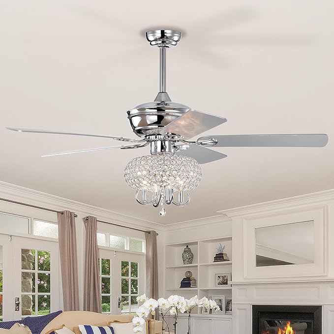 NicBex Ceiling Fan 52 Inch Ceiling Fan with Lights Ceiling Fans with 5 Blades and Remote Control Ceiling Fan with Crystal Lamp Shade for Bedroom, Living Room, Silver